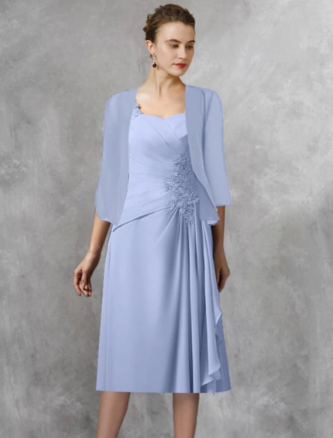 Wholesale  Two Piece A-Line Mother of the Bride Dress Wedding Guest Elegant Square Neck Tea Length Chiffon Lace Half Sleeve Wrap Included with Appliques Side-Draped